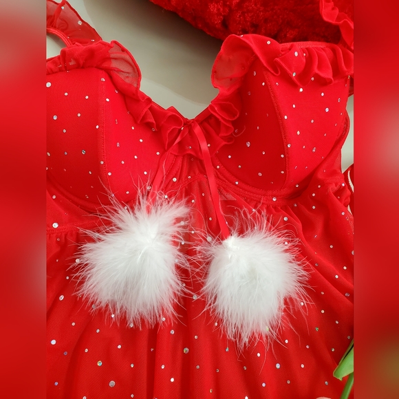 Frederick's Red Babydoll w/ Marabou Trim G-string - Picture 2 of 6
